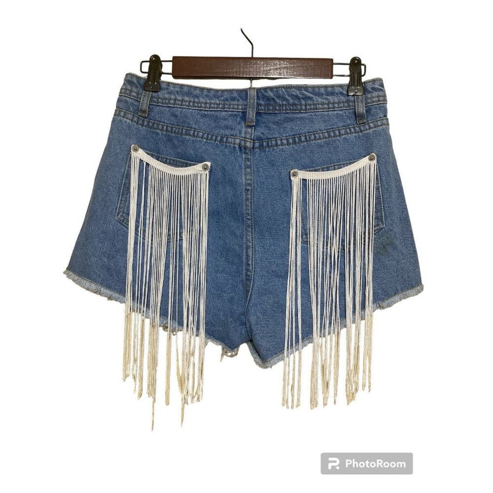 The Rockn Rev Denim Shorts Women Size 6 Raw Hem Pocket Fringe